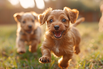 A pair of playful dachshund puppies chasing each other in a sunny backyard.