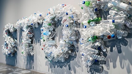 Close-up view of an eco-friendly art installation featuring plastic bottles meticulously arranged to spell "STOP", set against a stark white backdrop to draw attention to waste reduction