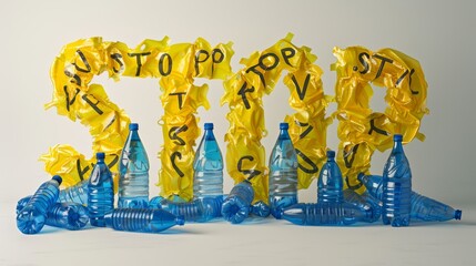 Creative and impactful display of the word "STOP" formed by yellow plastic waste, with blue plastic bottles artistically piled around