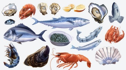 Naklejka premium Various types of fresh seafood on a plain white backdrop. Ideal for food and culinary concepts