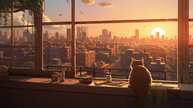 Fototapeta Cat watches warm urban sunset from windowsill 2D cartoon illustration. Golden hour city skyline lofi wallpaper background lo-fi art. Cityscape dusk kitten flat image cozy chill vibe