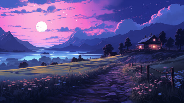 Pink blue twilight above solitary cottage lakeside mountains 2D cartoon illustration. Countryside retreat lofi wallpaper background lo-fi art. Rural solitude flat image cozy chill vibe