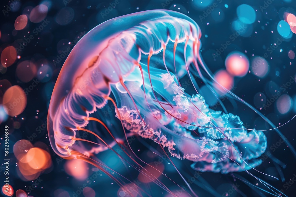 Poster a serene image of a jellyfish floating in the water. perfect for aquatic themes