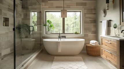 A bathroom with a large white bathtub and a window