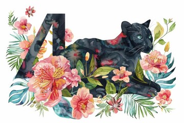 Watercolor painting of a black cat with flowers, suitable for pet lovers or floral enthusiasts