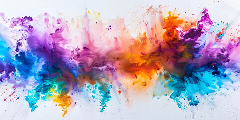 A burst of vibrant pigments erupts from beneath the surface, creating a dazzling display of color that sparkles and shines against the white background.