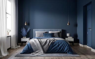 Empty-painted deep blue wall. Blue color bedding furniture and blank background.Bedroom interior trend 2024 year Modern luxury apricot room interior home designs.