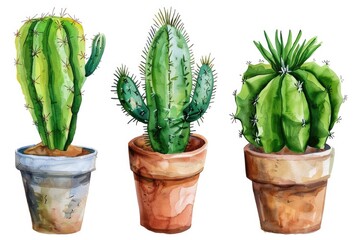 Three different types of cactus plants in pots. Great for home decor or gardening projects