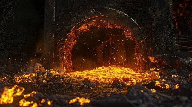 Detailed view of a gold smelting furnace in operation, highlighting the rugged construction and the fiery glow that illuminates the dark surroundings