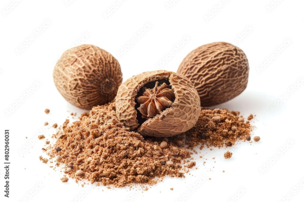 Poster three nut shells and a pile of nutmeal on a white surface. ideal for food and cooking concepts