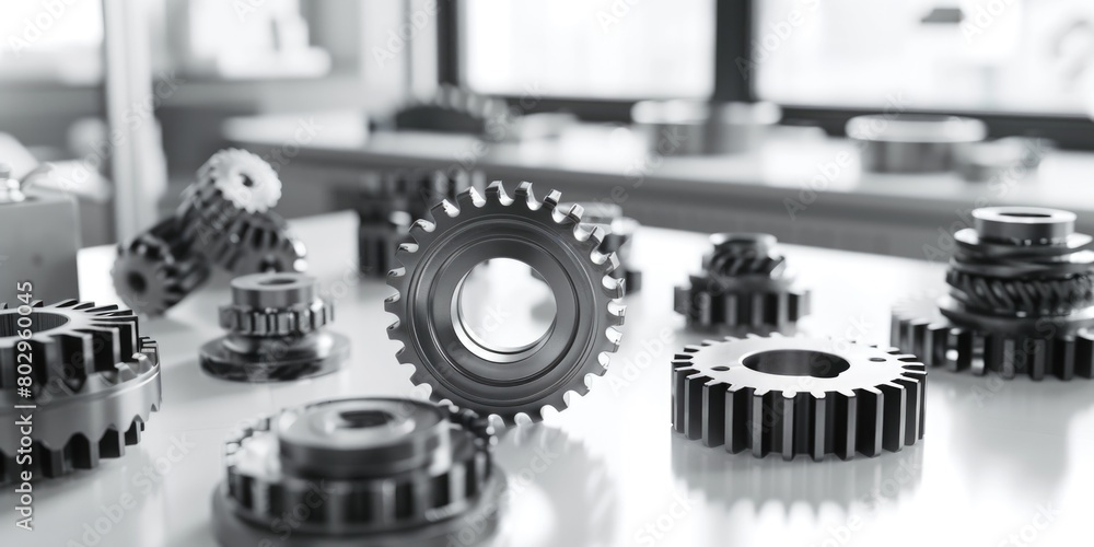 Poster a bunch of gears sitting on top of a table. perfect for industrial and mechanical concepts