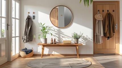 A hallway with a wooden bench and a mirror