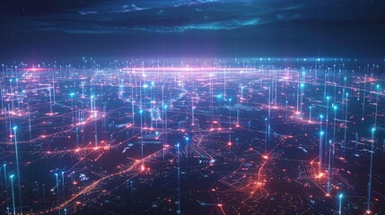 Futuristic network of connections spanning a global cyber landscape, illuminated by neon technology lines
