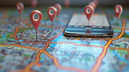 A cell phone resting on a map, perfect for travel or navigation concepts