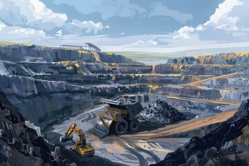 A painting of a construction site with a bulldozer. Suitable for construction industry projects
