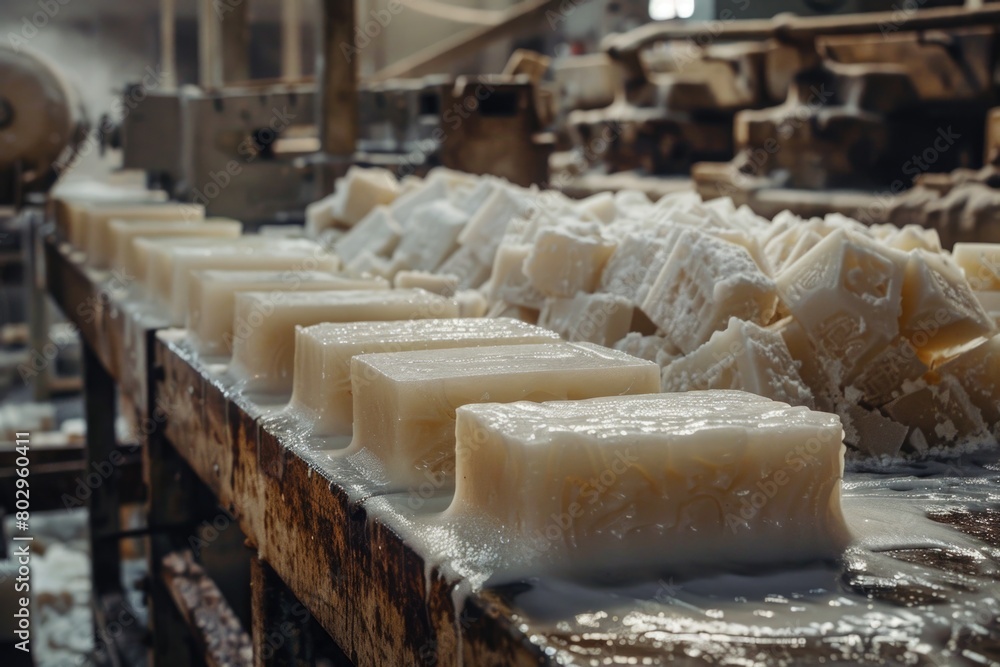 Poster a bunch of soap bars sitting on a counter. ideal for hygiene and bathroom concepts