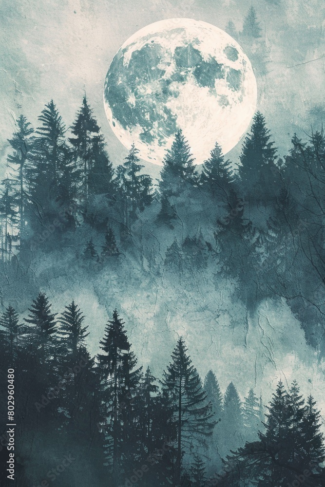 Aufkleber a painting of a full moon shining over a dense forest. suitable for various nature-themed projects