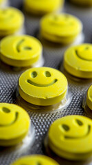 A row of yellow pills with smiling faces on them