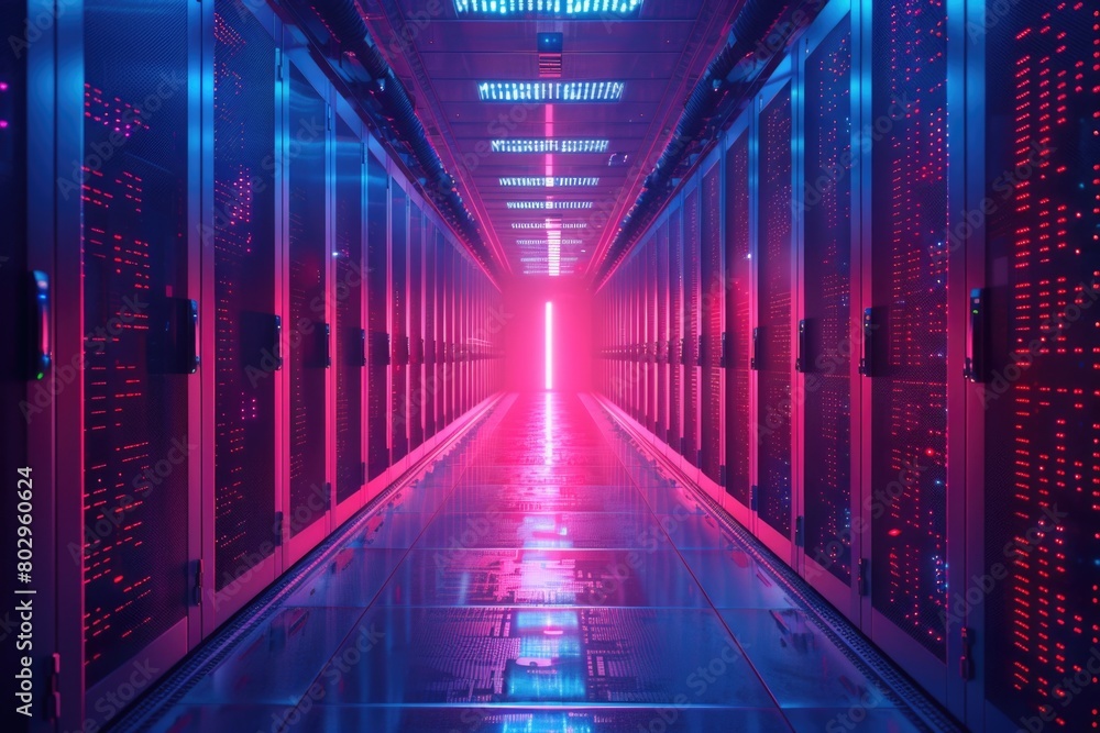 Poster a mysterious long hallway illuminated by red and blue lights. ideal for use in suspenseful or futuri