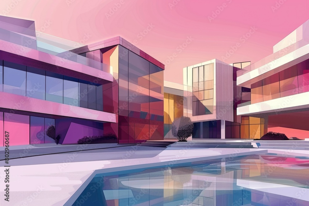 Poster a painting of a building with a pool, suitable for architectural and real estate concepts