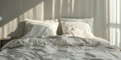 A bed with white sheets and pillows. Ideal for interior design projects