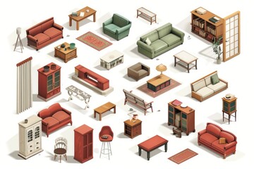 A variety of furniture and accessories for a living room. Perfect for interior design projects