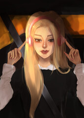 digital drawing of a cute blond-haired girl with brown eyes and pink headphones listening to music while sitting in a car smiling
