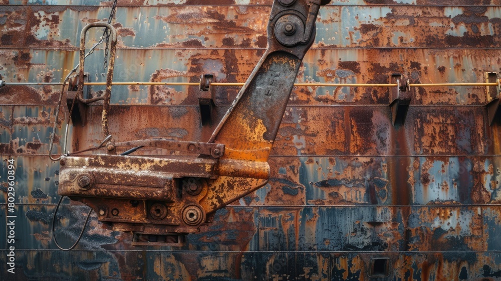 Poster a rusted metal structure with a crane attached. suitable for industrial concepts