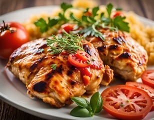 Grilled chicken breast with vegetables and tomatoes on a plate, low fat healty diet, commercial photo for marketing use