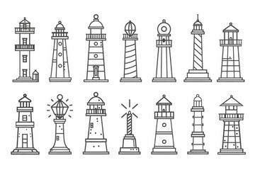 A set of lighthouses with different shapes and sizes. Ideal for travel or maritime themed designs.