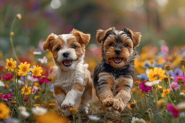 A pair of playful terrier puppies romping through a field of colorful wildflowers, tails wagging in excitement. - Powered by Adobe