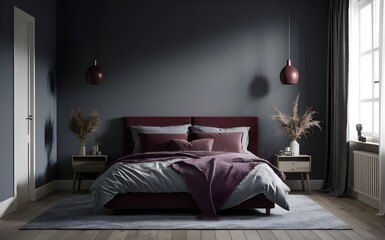 Empty-painted Dark grey wall. White maroon color bedding furniture and blank background.Bedroom interior trend 2024 year Modern luxury apricot room interior home designs.