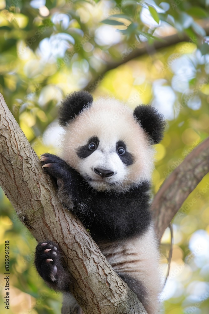 Poster panda bear sitting on top of a tree branch. suitable for nature and wildlife concepts