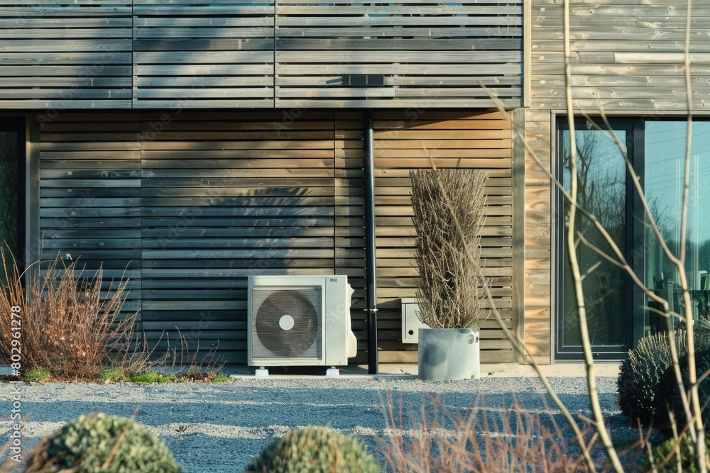 Poster a small air conditioner placed in front of a building, suitable for illustrating climate control con