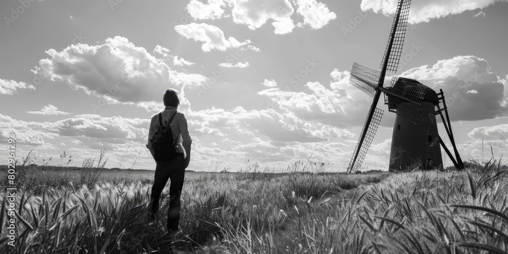 Poster A man standing in a field next to a windmill. Suitable for environmental and renewable energy concepts