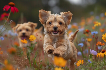 A pair of playful terrier puppies romping through a field of colorful wildflowers, tails wagging in excitement.