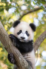 Fototapeta premium Panda bear sitting on top of a tree branch. Suitable for nature and wildlife concepts
