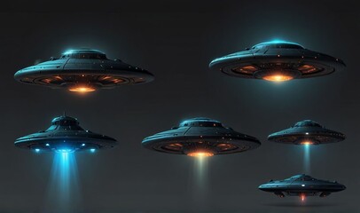 Set of UFO with abduction beam isolated on transparent background.