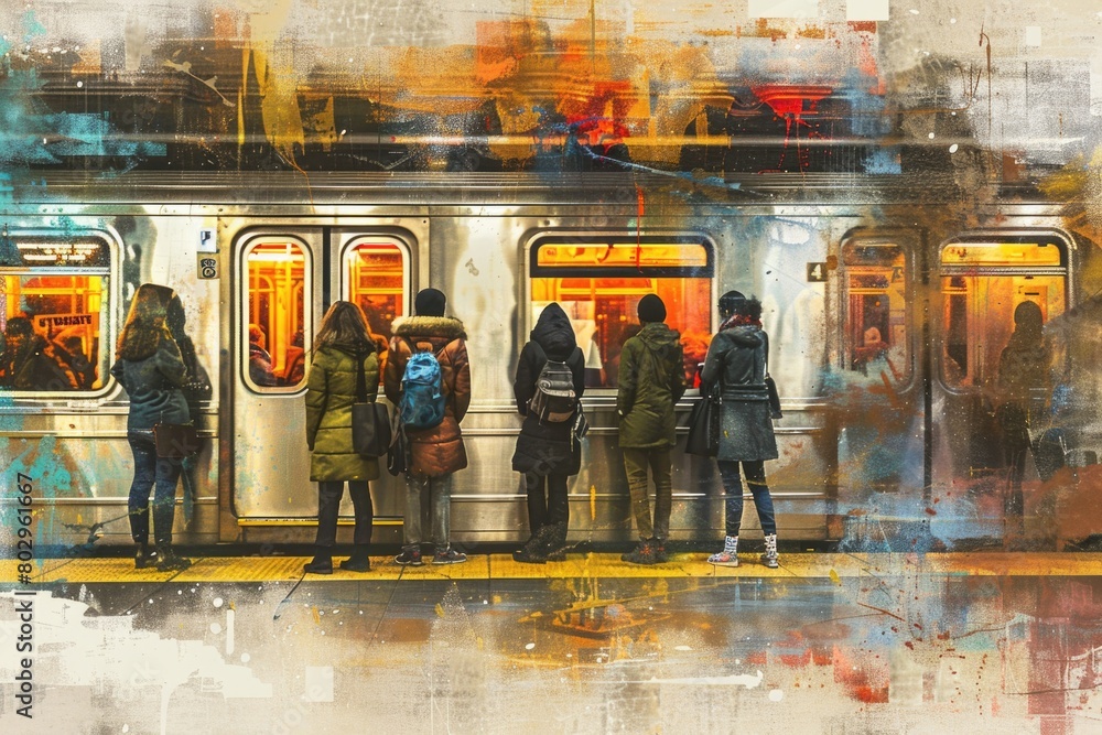 Poster group of individuals in front of a train. suitable for transportation themes