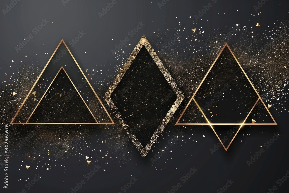 Poster three golden triangles on a sleek black background. perfect for modern design projects