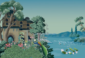 Mughal garden, peacock, arch, bird illustration for wallpaper. Botanical tree landscape illustration.