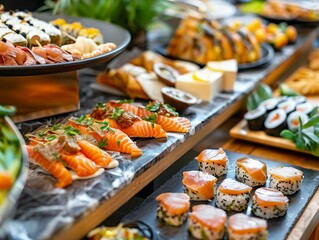 Luxurious buffet scene, featuring gourmet dishes and a carefully curated selection, ideal for upscale catering