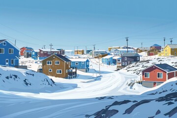 A beautiful painting of a town covered in snow. Ideal for winter-themed designs