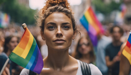 portrait of a women, Among the streets, hundreds of people march with LGBTQ flags in the pride...