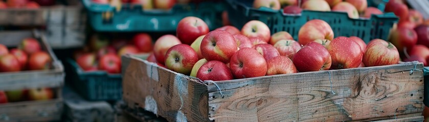 Market day featuring wooden crates stacked with freshly picked apples, highlighting their natural allure