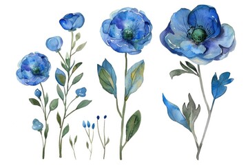 A painting of blue flowers on a white background. Suitable for various design projects