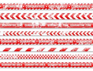 Old grunge quarantine zone warning tape. Novel coronavirus outbreak. Global lockdown. Red coronavirus danger stripe. Police caution line, restricted area. Construction tape. Vector illustration
