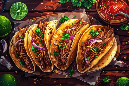 A painting of delicious tacos on a rustic wooden table. Ideal for food and restaurant concepts