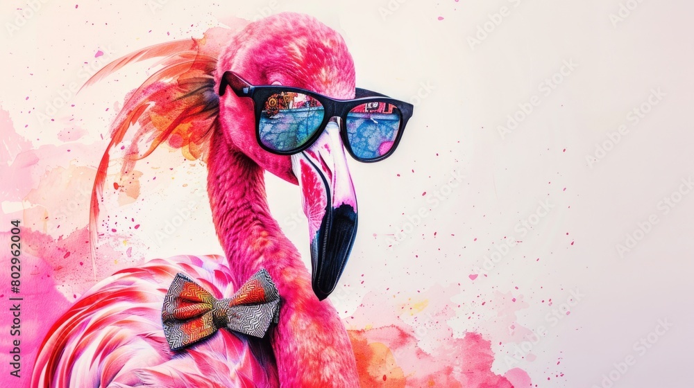 Poster a fun and quirky image of a flamingo wearing sunglasses and a bow tie. perfect for summer party invi