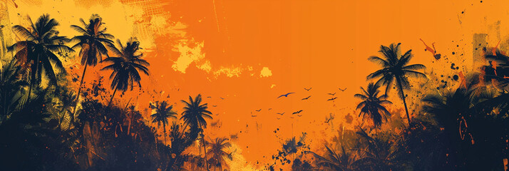 A burst of tangerine and lemon hues streak across the sky, framing silhouettes of towering palm...